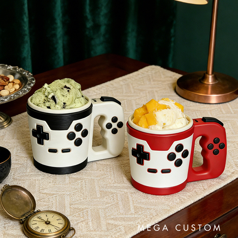 Personalized Couple Vintage Style Controller Gamer Ice Cream Pint Holder with Spoon Slots Eco-Friendly 3D Print for Game Lovers