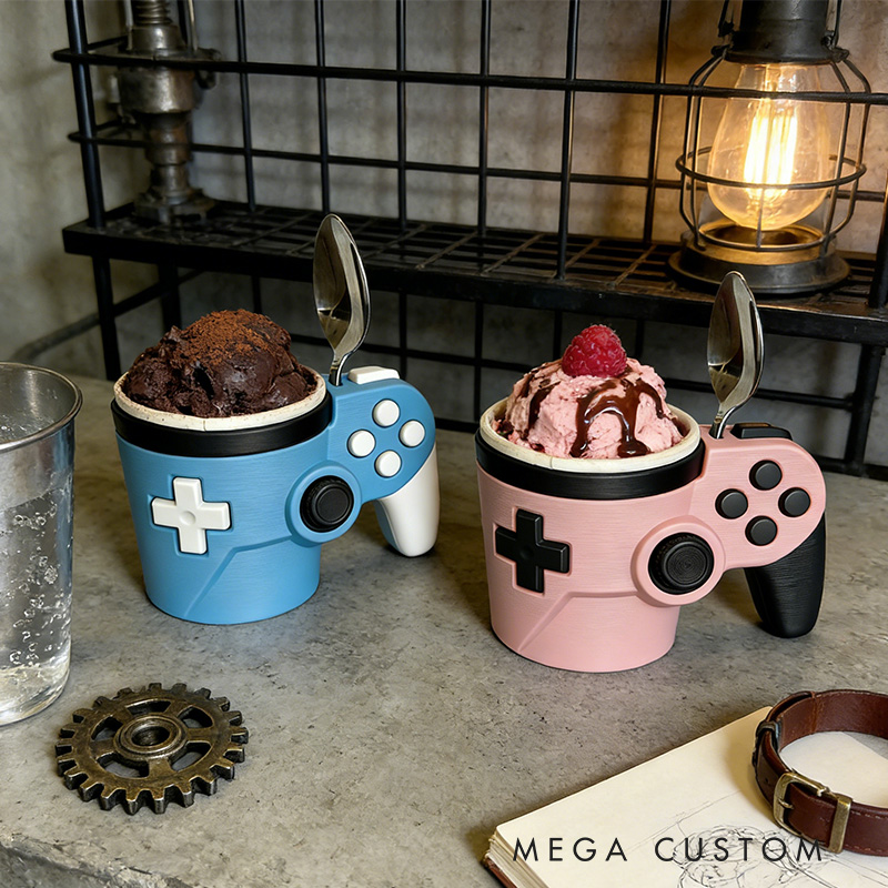 Personalized Couple Morden Controller Gamer Ice Cream Pint Holder with Spoon Slots Eco-Friendly 3D Print for Game Lovers