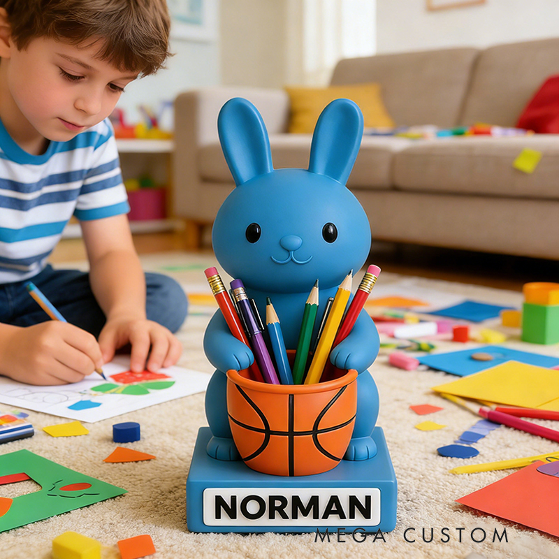 Personalized Basketball Bunny 3D Printed Pen Holder with Custom Name for Kids and Students