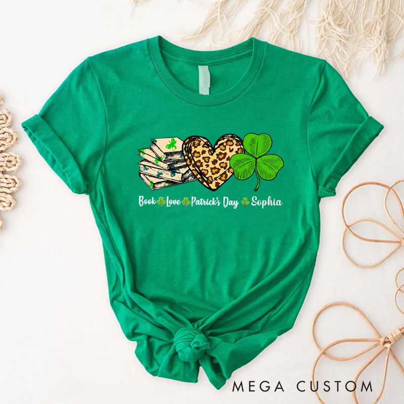 Personalized Book Lover St. Patrick's Day Classic T-Shirts Irish Shamrock Reading Shirt with Name for Book Lover Bookworm Girlfriend Wife Women Gift