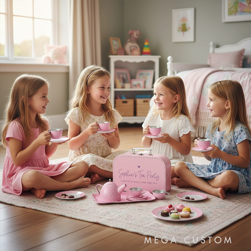 Personalized 15 Piece Tin Tea Set Custom Name Pretend Play Tea Party Toy for Kids Adorable Role-Playing Fun
