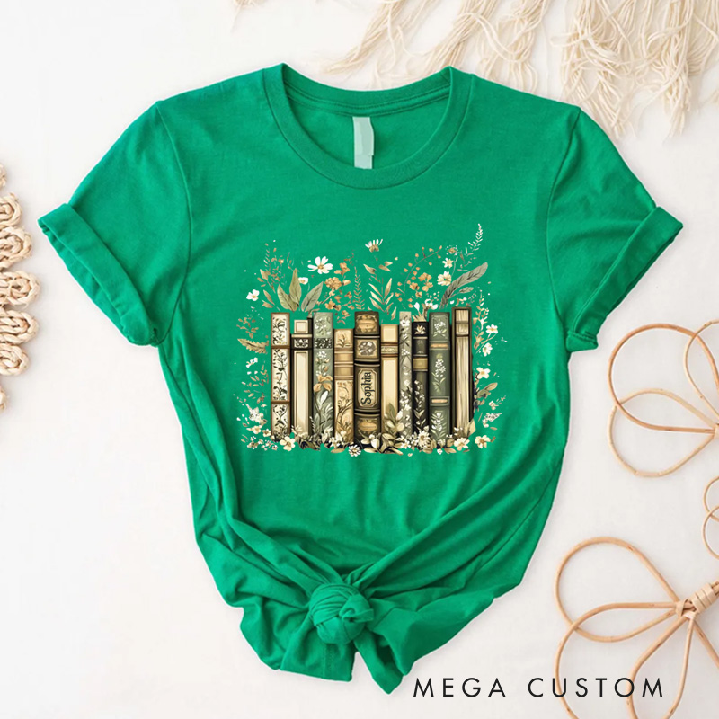 Personalized Flower Books Classic T-Shirts Floral Book Shirt with Name Librarian Tee for Book Lover Bookworm Girlfriend Wife Women Gift