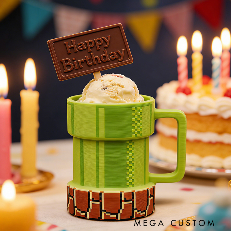Personalized 3D Printed Pixelated Pipe Mug Ice Cream Pint Holder Gift for Kid Game Lover