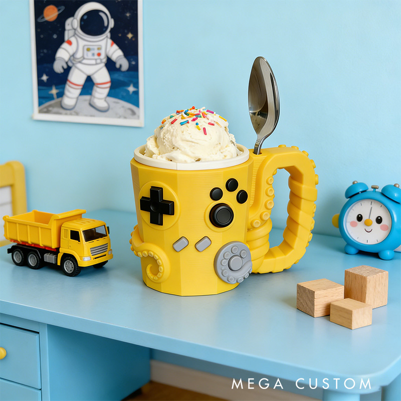 Personalized Couple Octopus Controller Gamer Ice Cream Pint Holder with Spoon Slots Eco-Friendly 3D Print for Game Lovers