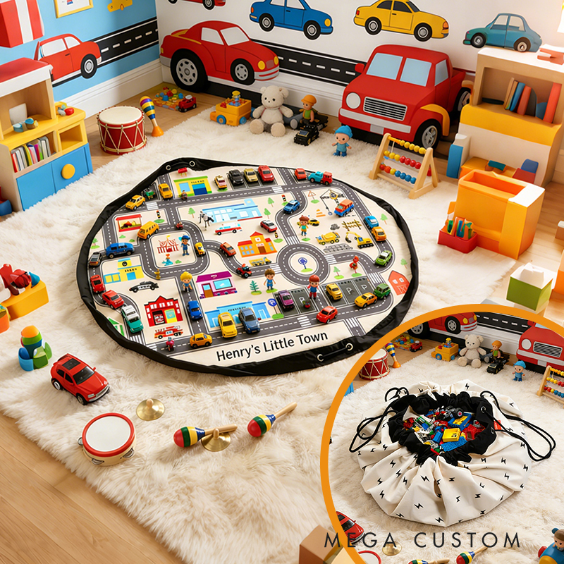 Personalized Car Themed Play Mat & Toy Storage Bag Custom Name 2-in-1 Activity Blanket for Kids