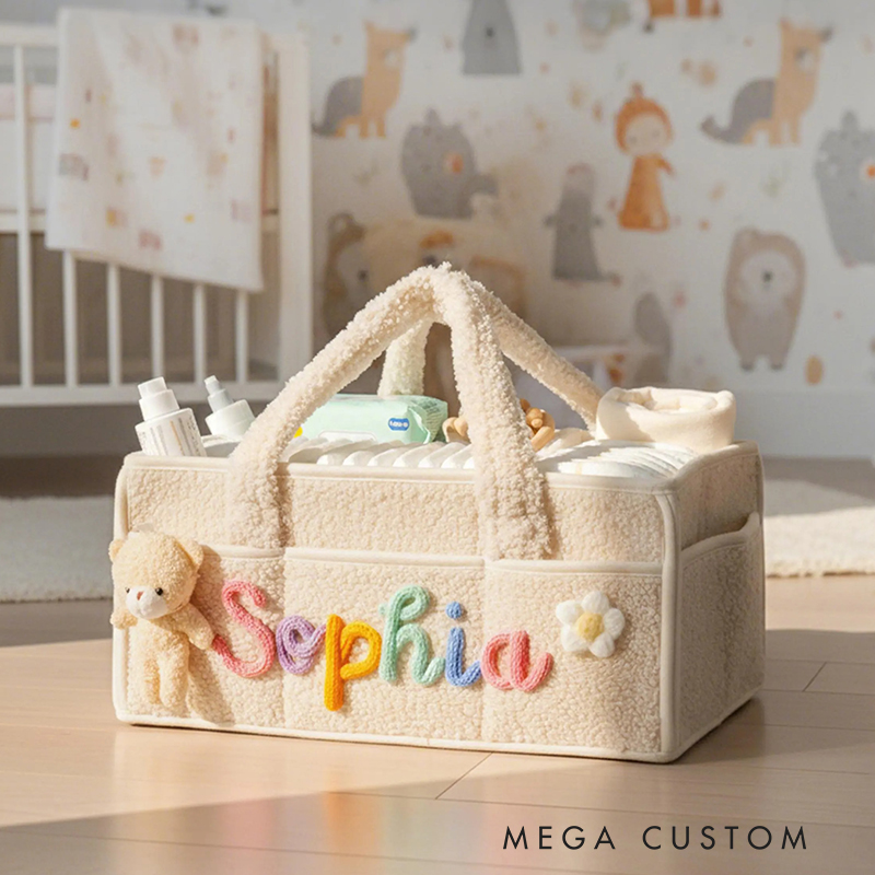 Personalized Plush Baby Storage Basket Soft Bin Side Pockets Custom Nursery Organizer with Bear
