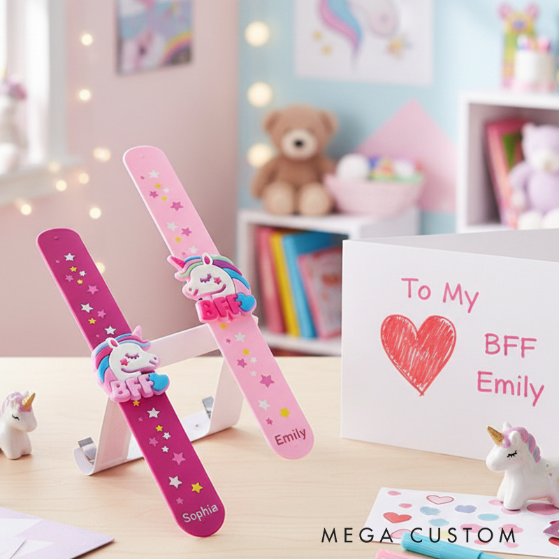 Personalized Unicorn BFF Slap On Bracelet Set Custom Name Friendship Gift for Kids Pair Design