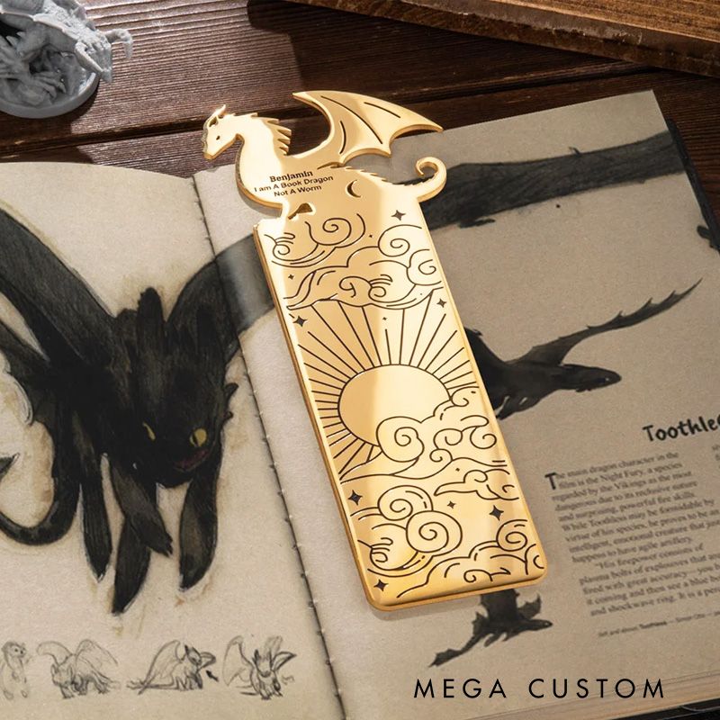 Personalized Book Dragon Sun Cloud Pattern Bookmark with Name and Text Birthday Gift for Book Lover Reader Bookworm Bookish