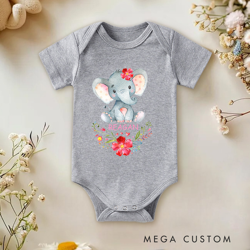 Personalized Adorable Floral Elephant Cute Watercolor Design with Flowers Perfect for Kids and Baby Onesie