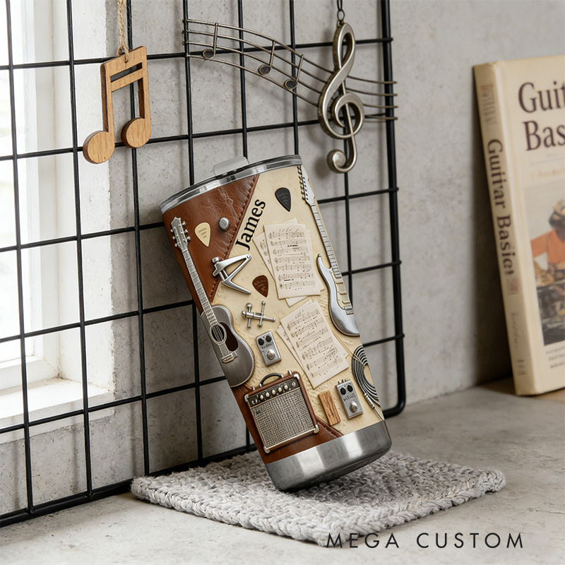 Personalized 2D Flat Vintage Music Notes 20oz Tumbler Custom Guitar Themed Tumbler for Music Lovers