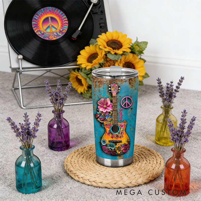 Personalized 2D Flat Peaceful Guitar Vibes 20oz Tumbler Custom Hippie Themed Tumbler for Music Lovers