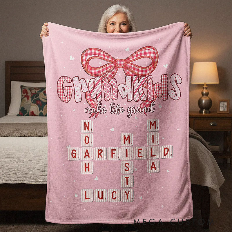Personalized Grandkids Make Life Grand Blanket Preppy Valentine Pattern Crossword Puzzle Art Valentine's Day Gift for Grandma