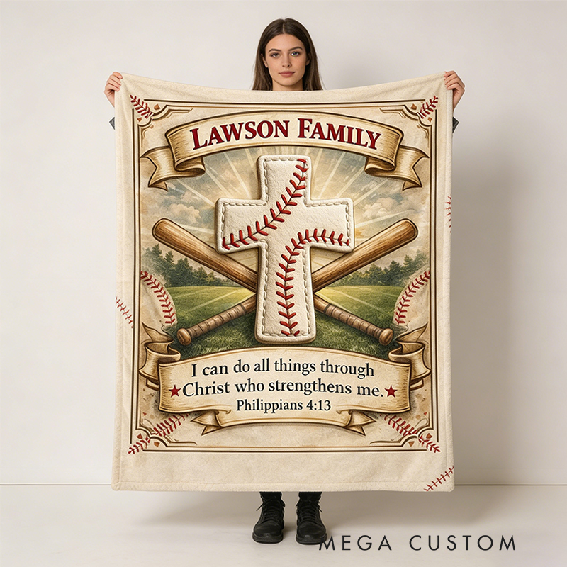 Personalized Baseball Blanket with Family Name and Inspirational Verse for Sports Enthusiasts and Believers Alike