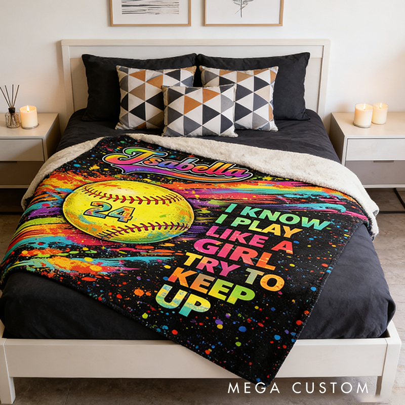 Personalized Softball Blanket with Custom Name and Jersey Number for Girls Who Love the Game