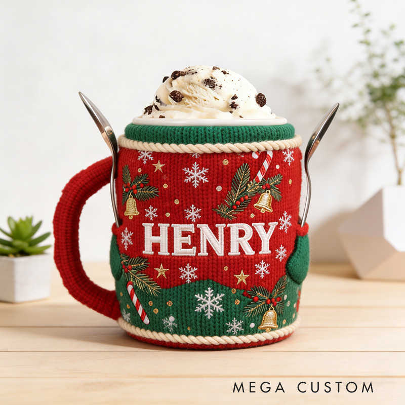 Personalized Knit Ice Cream Cozy Holder with Spoon Slots Gift for Mom Kids Ice Cream Lover