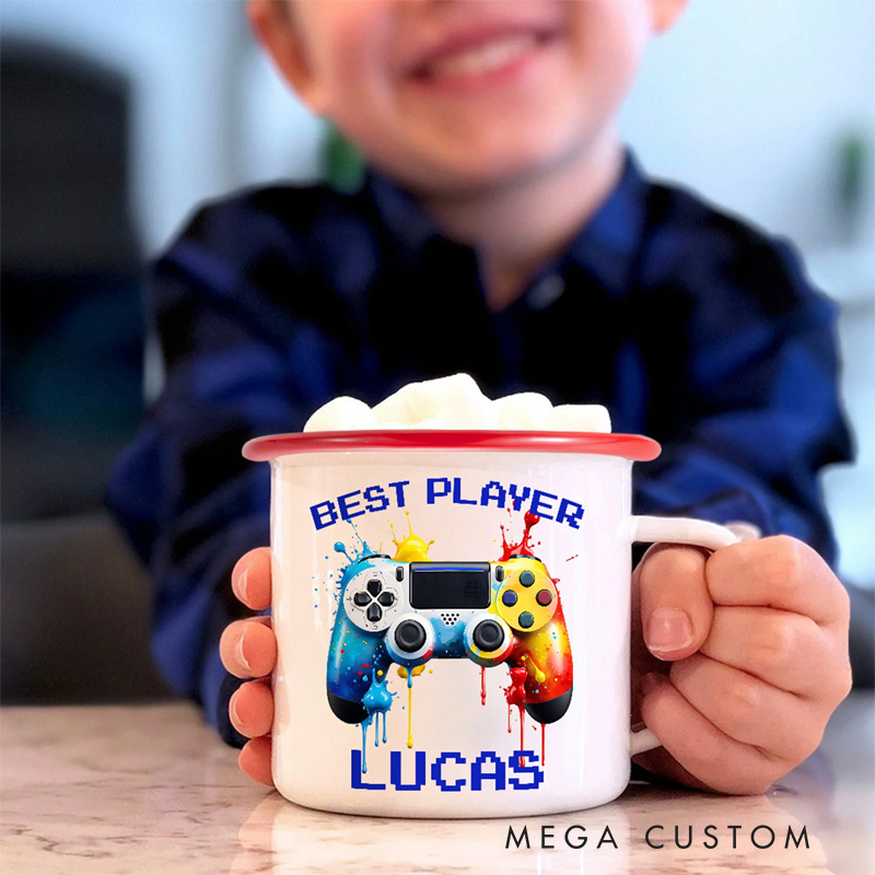Personalized Watercor Ink Splash Controller 12oz Enamel Mug with Initial and Name Back to School Birthday Game Lover Gift for Kids
