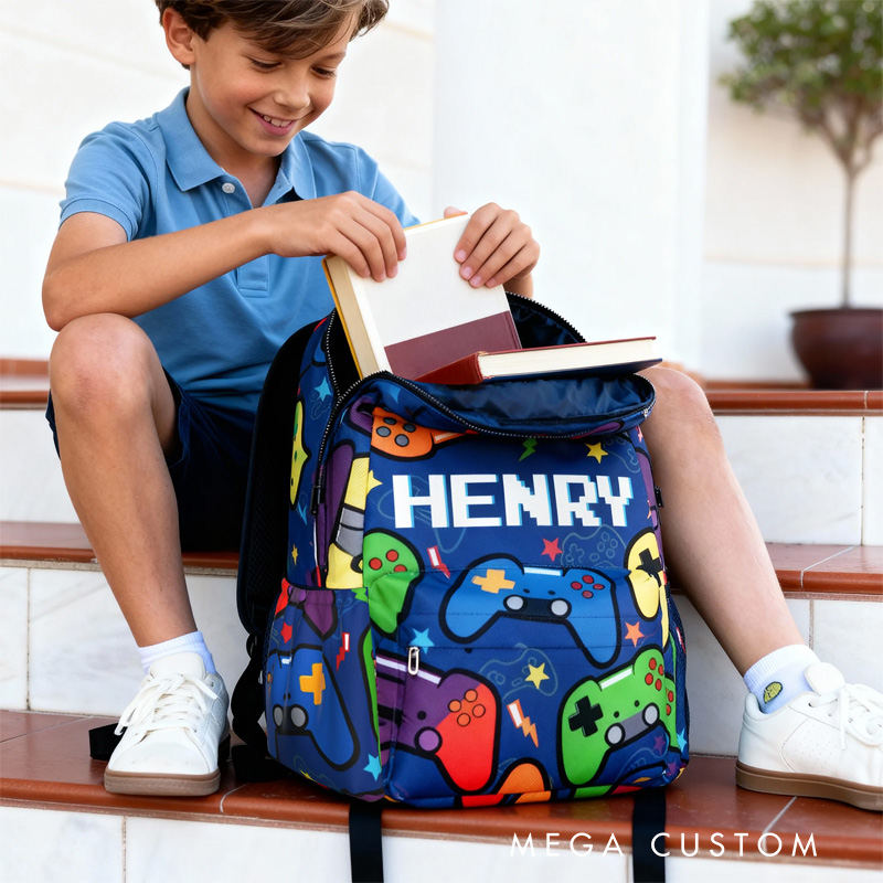 Personalized Game Controller Pattern Backpack with Name and Initial Back to School Game Lover Gift for Boys Girls