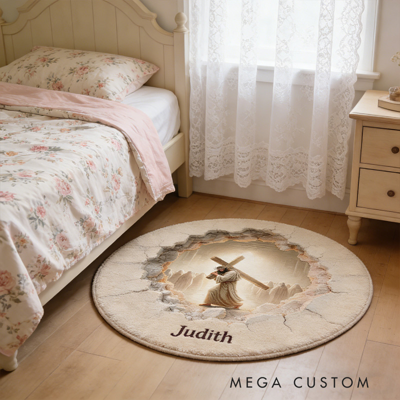 Personalize Beautiful 3D-Look Jesus Carrying Cross Rug with Custom Name Home Decor Religious Rug for Prayer Spaces Faith Gift Religious Christian Gift
