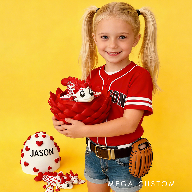 Personalized 3D Printed Baseball Heart Dragon and Egg Toy Set with Custom Name for Kids and Fans 