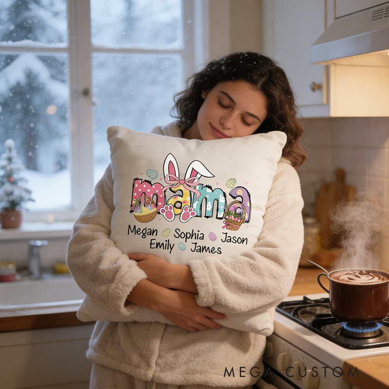 Personalized Mama Easter Pillow with Kids Names Custom Double Side Bunny Pillow Easter Gift for Mom Kids