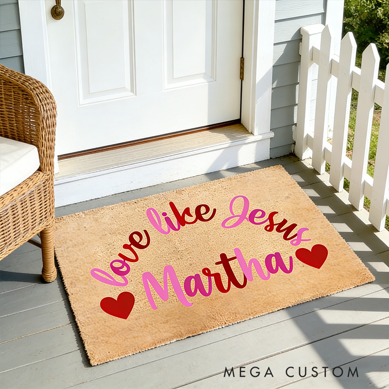 Personalized Love Like Jesus Valentines Doormat with Custom Name Non-Slip Valentines Day Decor Welcome Mat Religious Housewarming Gift Valentines Gift
