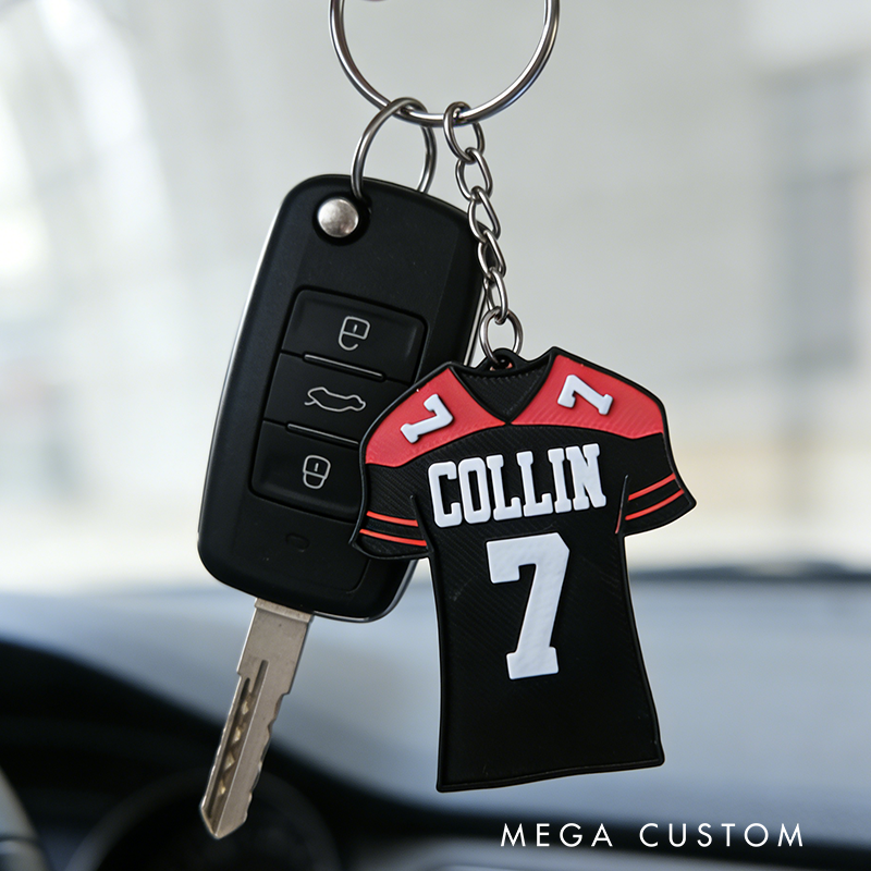 Personalized Football Jersey Keychains Featuring Custom Names and Numbers Design