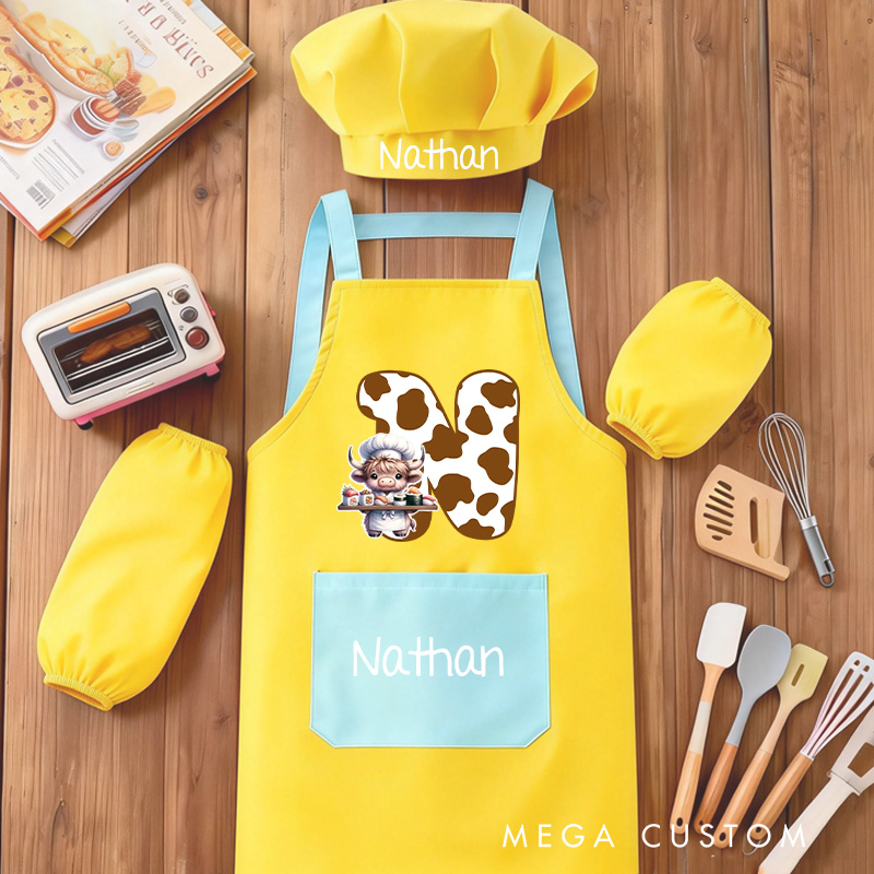 Personalized Highland Cow Kid Baking Apron with Name Initial Set of 3 Waterproof Apron with Hat Sleeve Birthday Gift for Kids