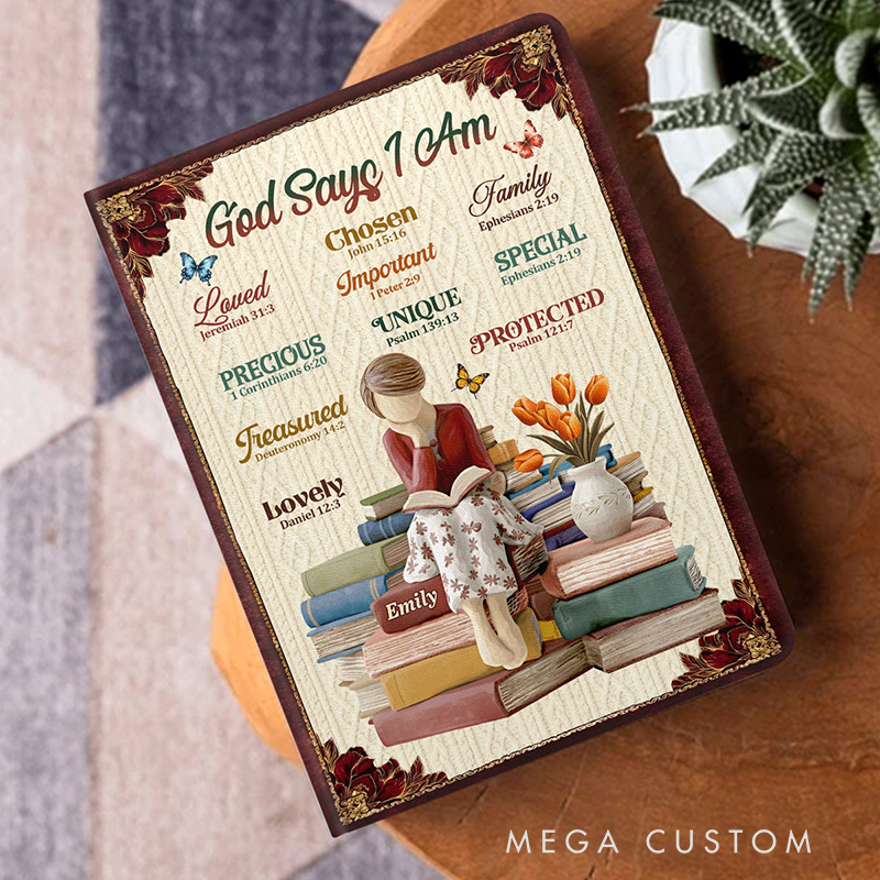 Personalized God Says I Am Leather Cover Notebook with Custom Name and Birth Flower Biblical Affirmations Journal Religious Christian Gift for Women