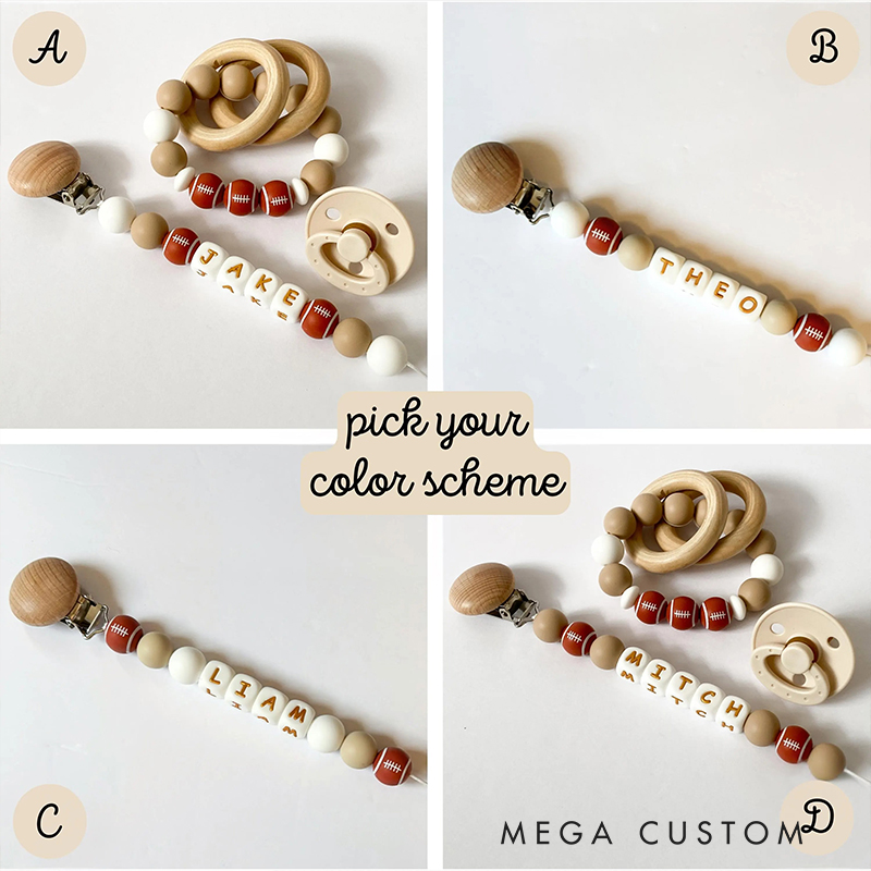 Personalized Football Pacifier Clip Add Newborn Baby Boy or Girl Name Custom Baby Shower New Football Mom Gift