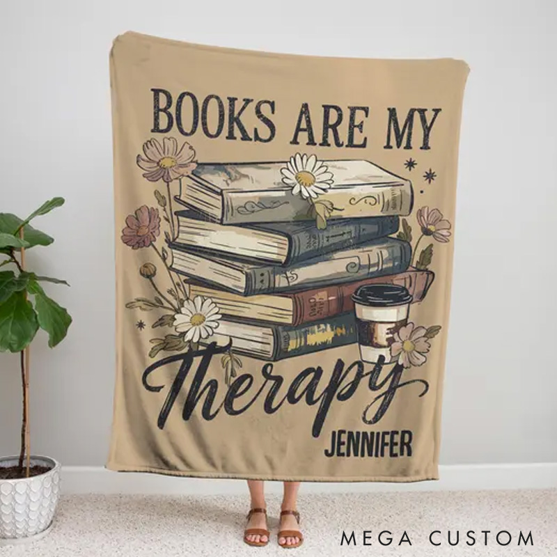 Personalized Books are My Therapy Throw Blanket Custom Bookish Blanket for Book Lovers Reader Blanket with Name for Bookworm Librarian Gift
