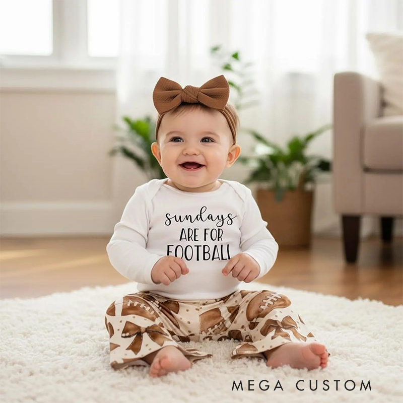 Football-Themed Baby Outfit Set Bell Bottoms Bodysuit & Bow for Game Day Style