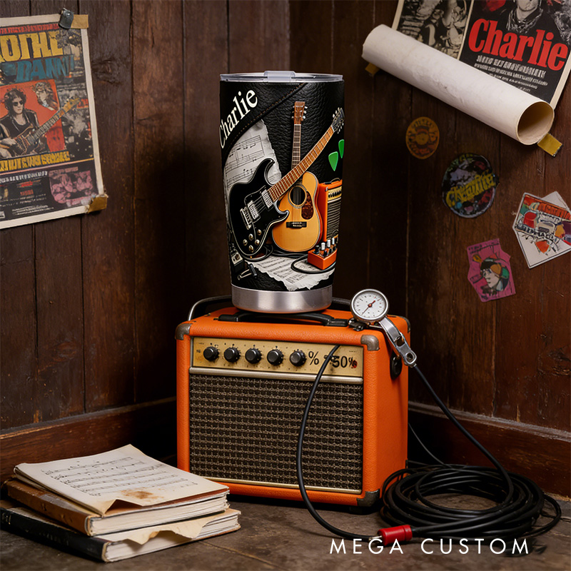 Personalized 2D Flat Rock Fusion 20oz Tumbler Custom Guitar Themed Tumbler for Music Lovers