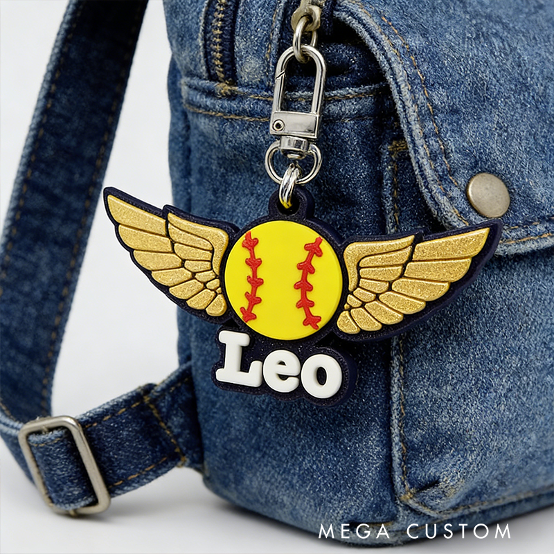 Personalized Winged Softball Keychain with Custom Name Design