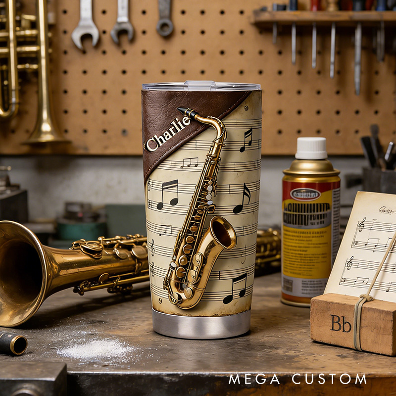 Personalized 2D Flat Golden Melody 20oz Tumbler Custom Saxophone Themed Tumbler for Music Lovers