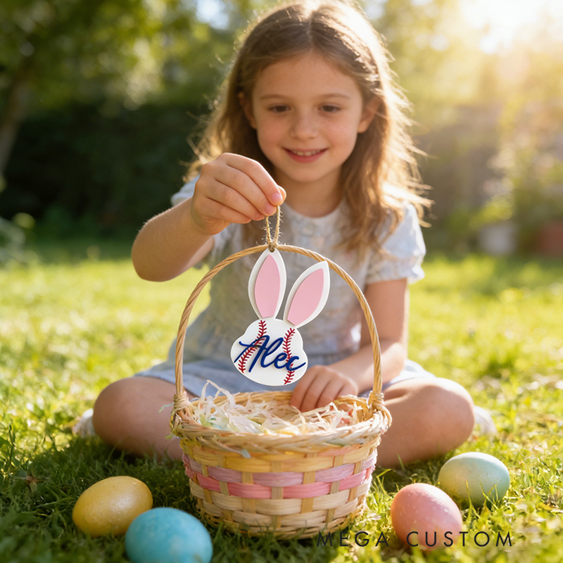 Personalized Baseball Easter Basket Tag Custom Name Bunny Label Gift for Kids on Easter Day