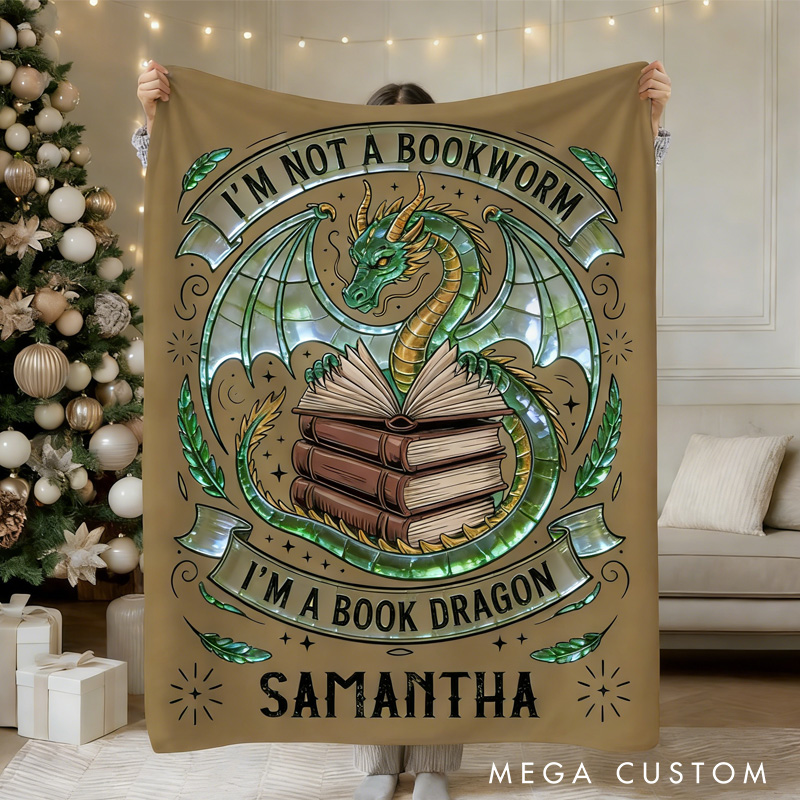 Personalized I‘m a Book Dragon Throw Blanket Custom Fantasy Romance Reader Blanket for Book Lovers Reader Blanket with Name for Bookworm Librarian Gift