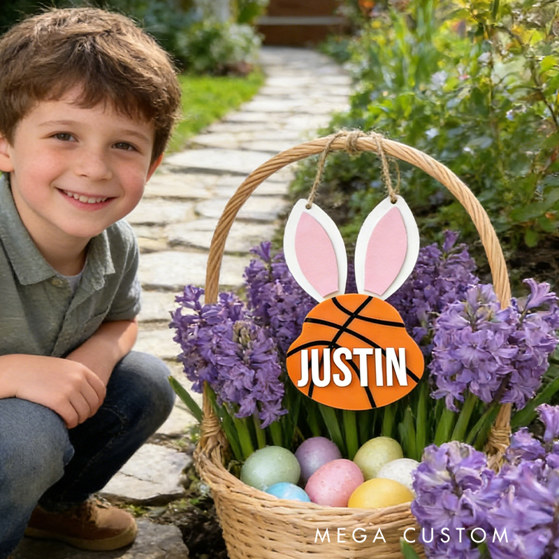 Personalized Basketball Easter Basket Tag Custom Name Bunny Label Gift for Kids on Easter Day
