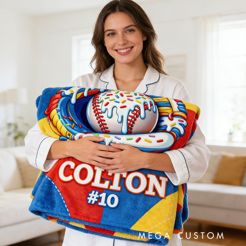 Personalized Baseball Blanket with Fun Ice Cream Drip Design for Baseball Enthusiasts