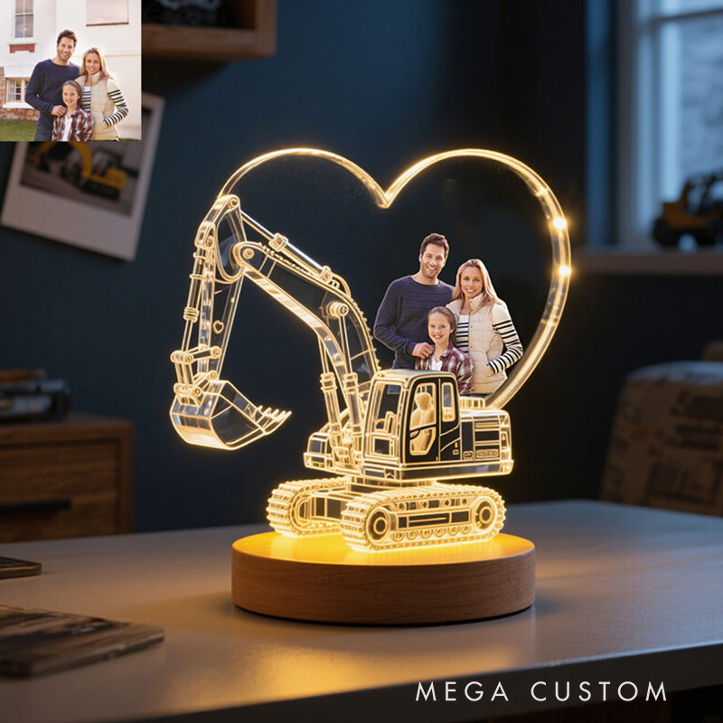 Personalized 3D Illuminated Heart Lamp Custom Family Photo Excavator Design LED Night Light Unique Gift for Family Kids
