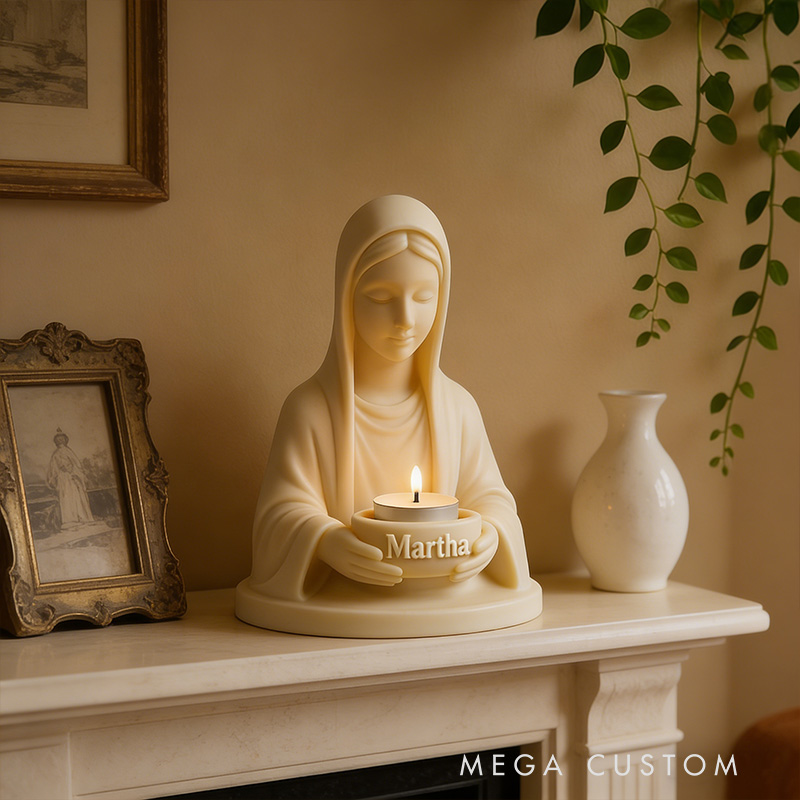 Personalized 3D Printable Virgin Mary Tealight Candle Holder with Custom Name Lady Guadalupe Stand Catholic Home Decor Prayer Space Spiritual Gift