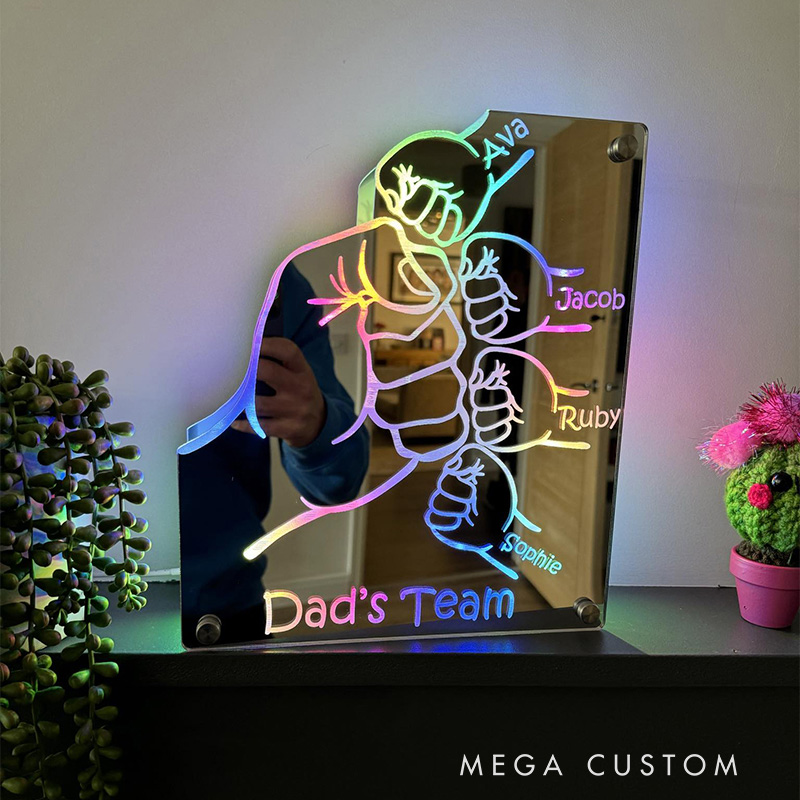 Personalized Dad's Team Fist Mirror Lamp Custom Family Name LED Light Father's Day Gift for Dad Family Keepsake 