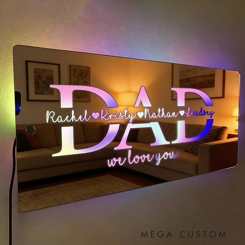 Personalized Mirror Lamp Custom Family Name LED Sign Heartwarming Father’s Day Birthday Gift for Dad