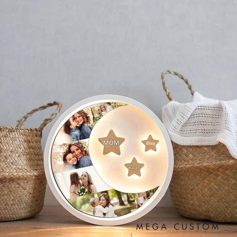 Personalized Moon Photo with Star Name Night Light Custom Family Photo Collage Name Star Design Mother’s Day Birthday Gift for Mom