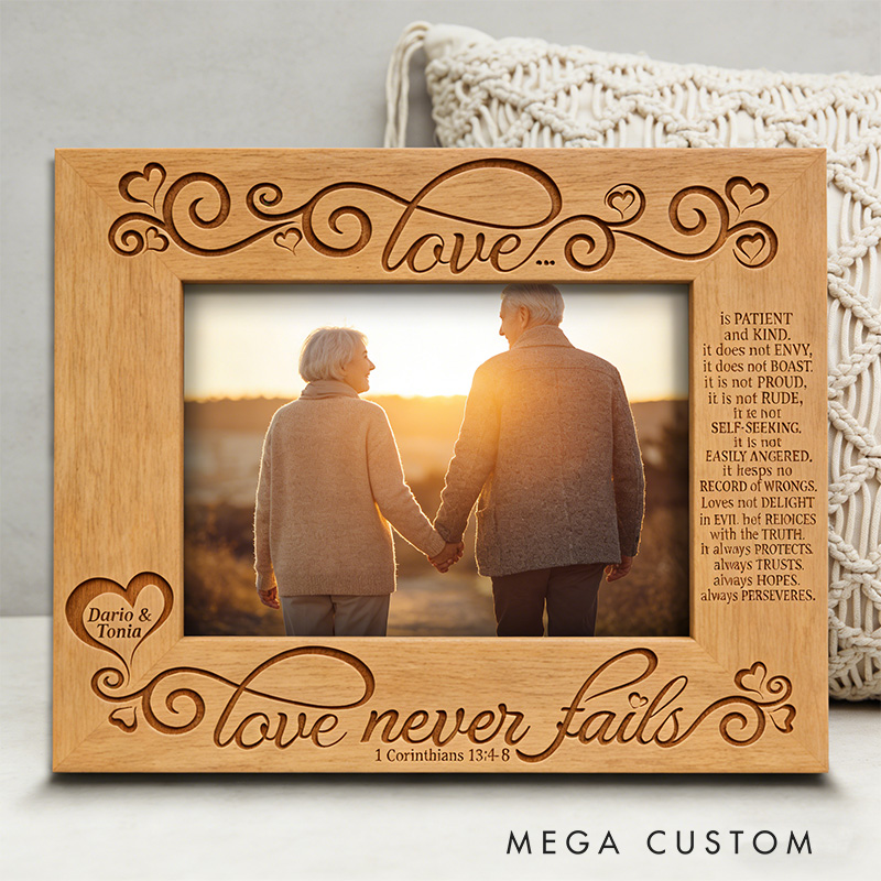 Personalized Love Never Fails Picture Frame with Custom Names Christian Corinthians 13:4-8 Picture Frame Wedding Gift Valentines Day Gift for Couple