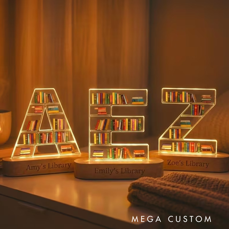 Personalized Initial Book Shelf LED Light Letter Bookcase Night Light with Name Library LED Lamp for Book Lover Bookworm Librarian Gift