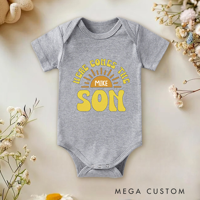 Personalized Here Comes The Son Baby Onesie Cute Sunshine Baby Onesie New Baby Gift