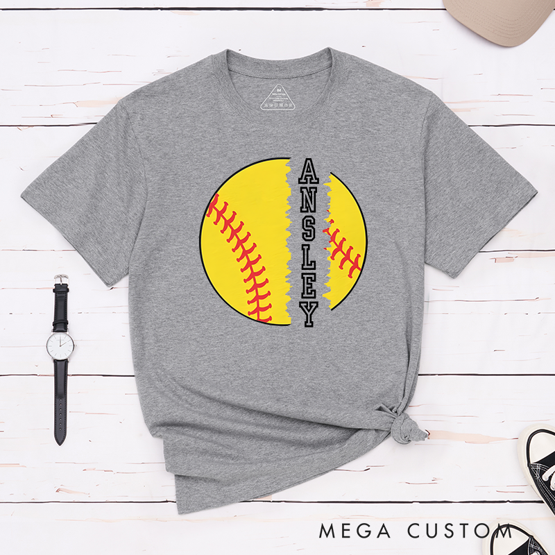Personalized Softball T-Shirt Design Featuring Torn Softball Graphic and Customizable Vertical Name Text for a Bold and Unique Look