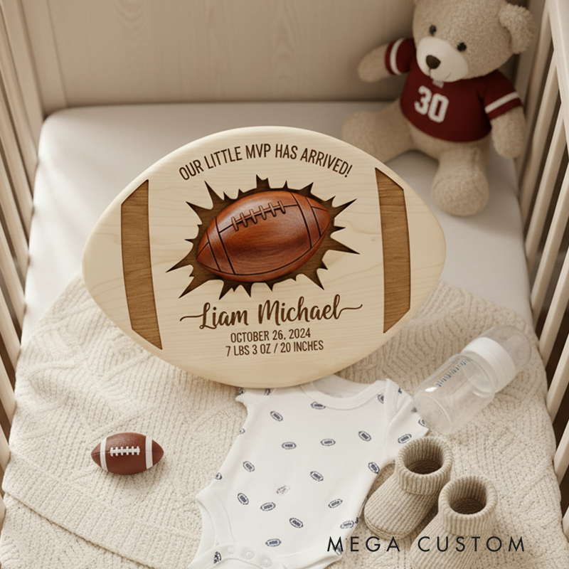 Personalized Football Themed Wooden Birth Announcement Sign Custom Engraved or DIY Fillable Keepsake for Newborns