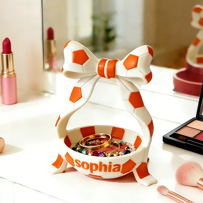 Personalized Soccer Jewelry Holder with Custom Name and Bow Design for Soccer Fans Girls 