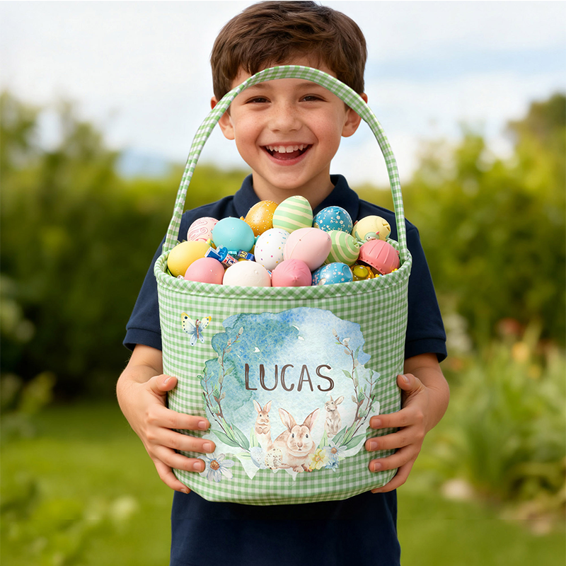 Personalized Name Watercolor Bunnies Gingham Easter Basket with Ruffle Multicolor Easter Treat Bag Easter Party Favor Easter Gift for Kids Boys Girls